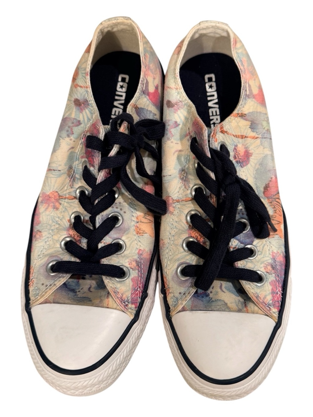 Converse Daisy Floral Low Top Sneakers in Pastel Pink and Blue with Black Laces